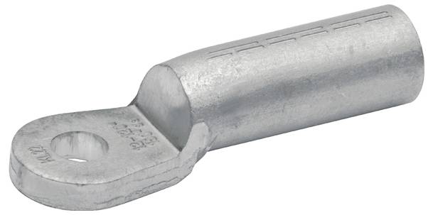 Eine silberne Kabelöse aus Metall mit einem runden Loch an einem Ende, die zum Anschließen elektrischer Kabel an Geräte oder Anschlüsse verwendet wird.