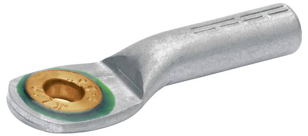 Eine Kabelschuh aus Metall mit einem Kupferanschluss, der zum Befestigen von Drahtenden an Klemmen in elektrischen Installationen verwendet wird.