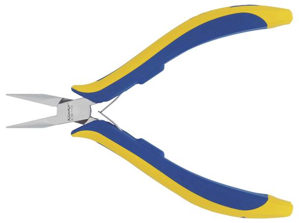 Eine blau und gelb-griffige Spitzzange mit metallischen Spitzen, die zum Greifen oder Schneiden von Draht und kleinen Objekten verwendet wird.