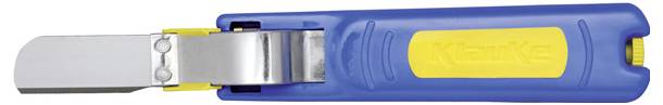 Ein blau-gelbes Handwerkzeug mit einer silbernen Metallklinge, das zum Abtragen oder Schneiden von Materialien in der Bau- oder Elektrobranche entwickelt wurde.