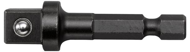 Ein schwarzer Metallsechskant-Adapter mit Kugellager, der verwendet wird, um einen Bohrer mit verschiedenen Socketgrößen zum Festziehen oder Lösen von Schrauben zu verbinden.