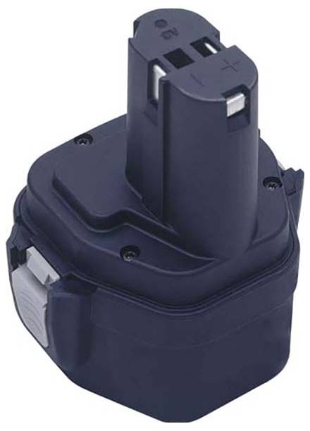 Eine schwarze wiederaufladbare Akkueinheit für Elektrowerkzeuge mit hervorstehendem Anschluss, der die positiven und negativen Pole kennzeichnet.