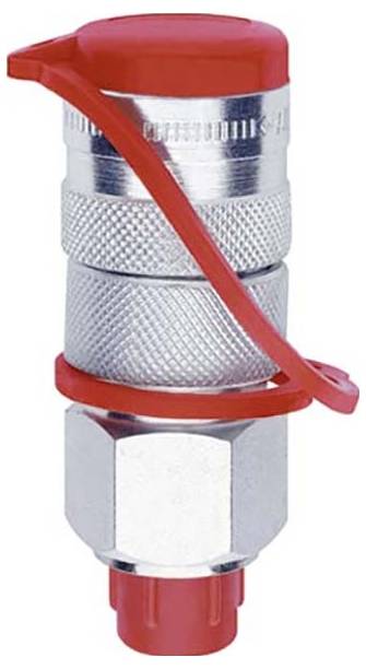 Eine Metallsteck-Schnellverbindung mit einer roten Kappe und Entriegelungsknopf, die zur Abdichtung von Verbindungen in pneumatischen Systemen verwendet wird.