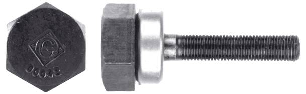 Eine Sechskantschraube, dargestellt in zwei Ansichten: Draufsicht mit Logo und numerischer Markierung sowie Seitenansicht mit Gewinde und sechskantigem Kopf.