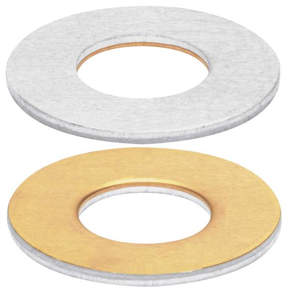 Zwei metallische Unterlegscheiben werden gezeigt, eine silbern und eine kupferfarbene, beide mit einem zentralen Loch, die Metallkomponenten darstellen.