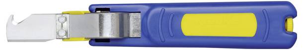 Ein blau-gelber Sicherheits-Cuttermesser mit einziehbarer Klinge, entwickelt zum sicheren und effizienten Schneiden von Verpackungsmaterialien.