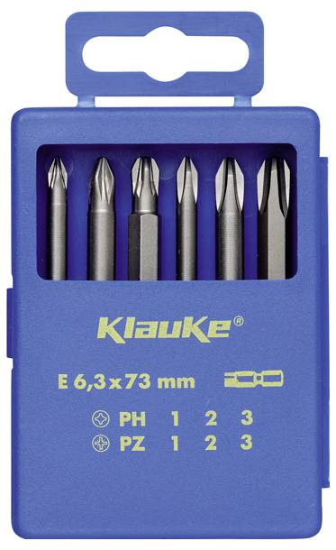 Ein Satz von sechs Schraubendrehereinsätzen in einem blauen Etui, gekennzeichnet mit den Größen E 6,3x73 mm. Enthält PH- und PZ-Typen, nummeriert von 1 bis 3.