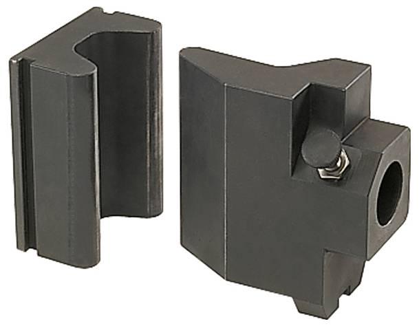 Zwei schwarze, präzisionsgefertigte Metallwerkzeughalter, von denen einer eine zentrale Schraube und eine zylindrische Öffnung aufweist, werden nebeneinander dargestellt.