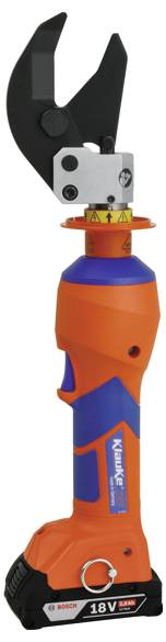 Ein orange-blauer kabelloser Cutter mit einem Metalschneidkopf; auf dem Akku mit '18V' beschriftet.