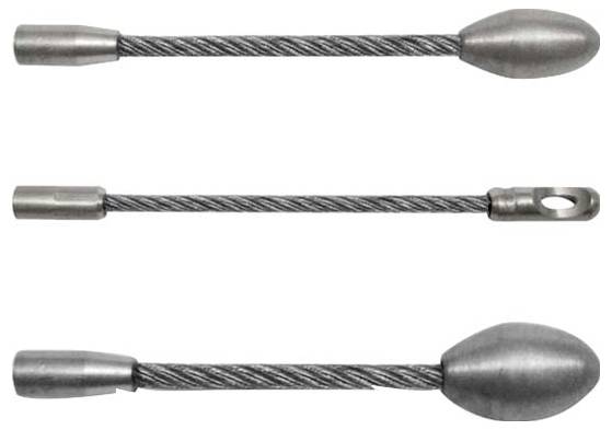 Drei Metallseil-Vibrationsdämpfer, von der Seite dargestellt, jeder mit einem zylindrischen Kabel und unterschiedlich geformten Endanbindungen.