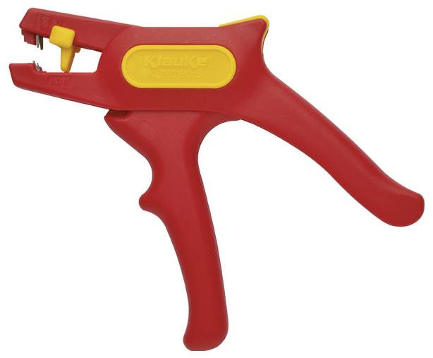 Ein rot-gelber Abisolierwerkzeug mit ergonomischem Griff, entwickelt zum effizienten Entfernen der Isolation von elektrischen Kabeln.