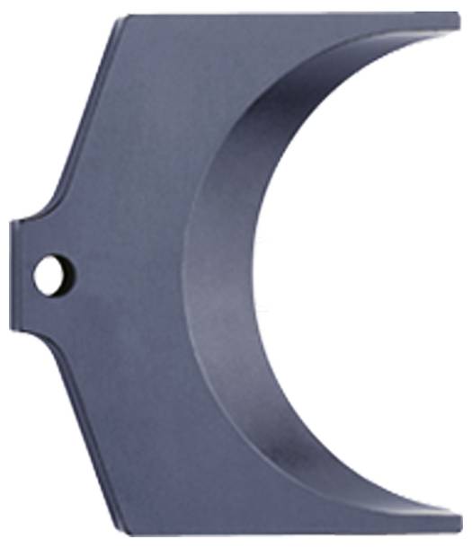 Ein dunkelgrauer, gebogener Metallgegenstand mit einem halbkreisförmigen Ausschnitt und einem kleinen kreisrunden Loch auf der linken Seite, von der Seite betrachtet.