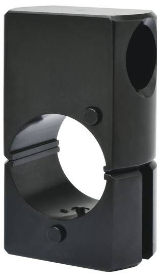 Rechteckige schwarze Klemme mit einer kreisförmigen Öffnung und Bolzen, die zur Befestigung von zylindrischen Objekten entwickelt wurde.