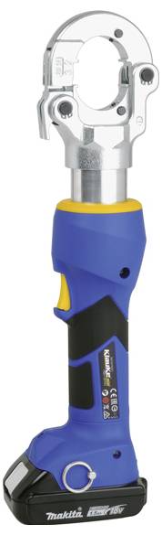 Ein blau-gelbes drahtloses Elektrowerkzeug mit einem hydraulischen Crimpkopf wird gezeigt. Es funktioniert mit einer 18V-Batterie und ist für elektrische Arbeiten geeignet.