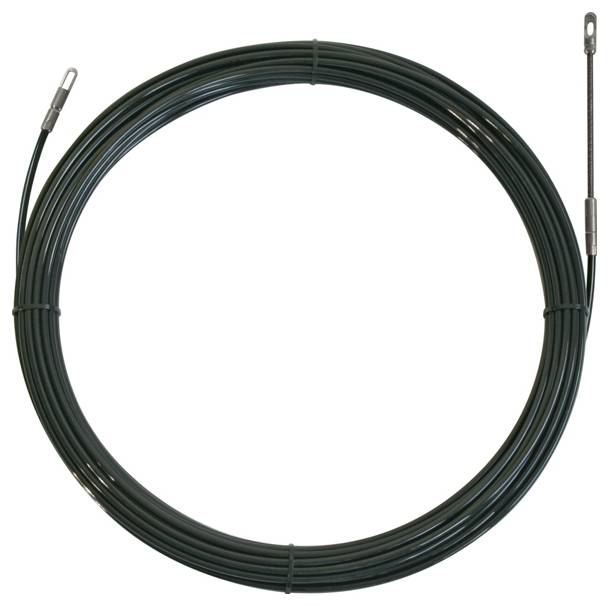 Ein gewickeltes schwarzes Kabel mit Metallösen an den Enden, das wahrscheinlich zum Durchfädeln oder Ziehen anderer Kabel durch enge Räume verwendet wird.