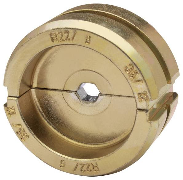 Eine messingfarbene Rohrabschneidevorrichtung mit gravierten Maßangaben, entwickelt für präzises Schneiden und Formen bei Klempnerarbeiten oder Metallbearbeitung.