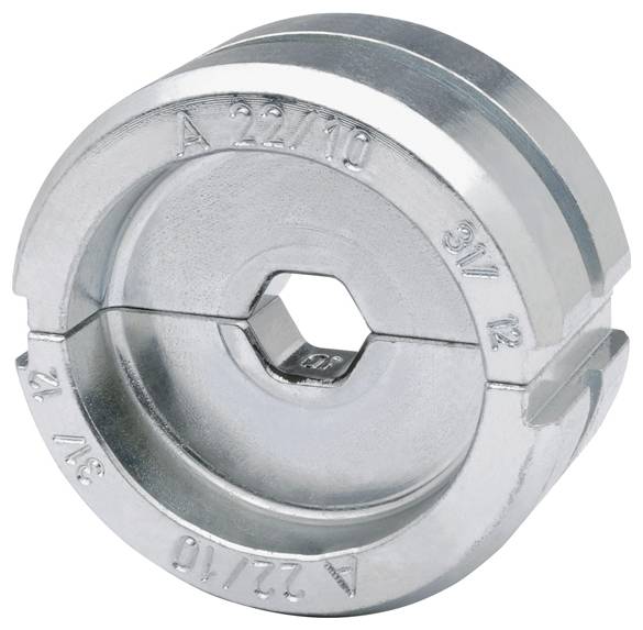 Ein rundes, metallisches Werkzeug mit gravierten Zahlen und Buchstaben, das eine zentrale sechseckige Öffnung aufweist und wahrscheinlich in industriellen Umgebungen verwendet wird.