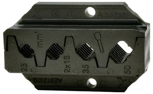 Crimpzange mit Matrizen in verschiedenen Größen, gekennzeichnet von 2x16 bis 50 mm², mit strukturiertem Metalldesign und Einstellschlitzen.