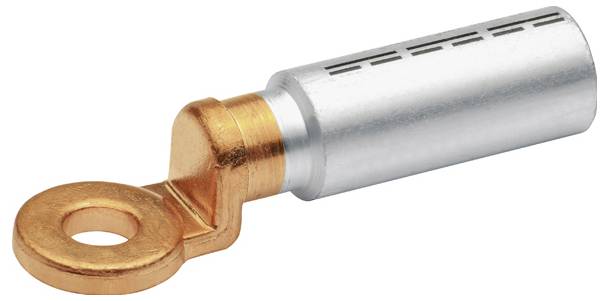 Ein Metallkabelschuh mit einem Kupferring und zylindrischem Körper, verwendet für elektrische Verbindungen. Der Ring verfügt über ein Loch zur Befestigung von Schrauben.