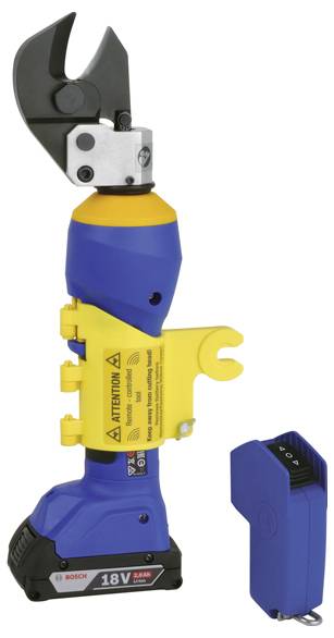 Elektrowerkzeug mit einem gelb-blauen Gehäuse und schwarzer Schneidklinge, versehen mit 