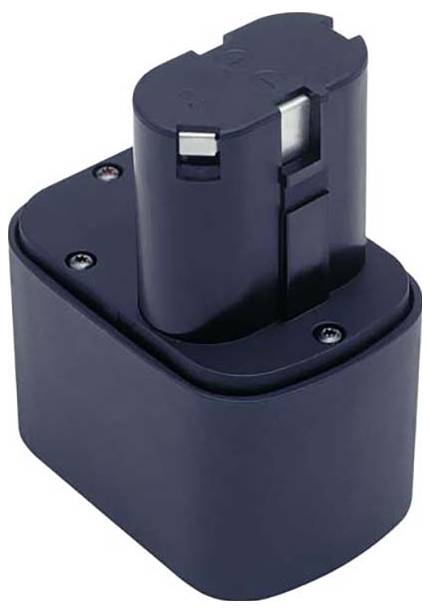 Ein schwarzer wiederaufladbarer Akkupack für Elektrowerkzeuge, mit rechteckiger Grundfläche und zylindrischem Oberteil, ausgestattet mit Metallkontakten.