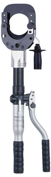 Ein silberner und schwarzer hydraulischer Crimpwerkzeug mit langem Griff und verstellbarem Kopf, der zum Verbinden von Kabeln in der Elektroarbeit verwendet wird.