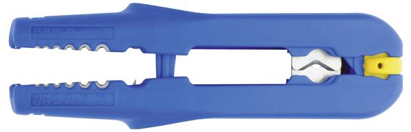 Ein blauer Abisolierer mit ergonomischen Griffen und einer Metallklinge in der Mitte zum Schneiden und Abisolieren von Kabelisolierungen.