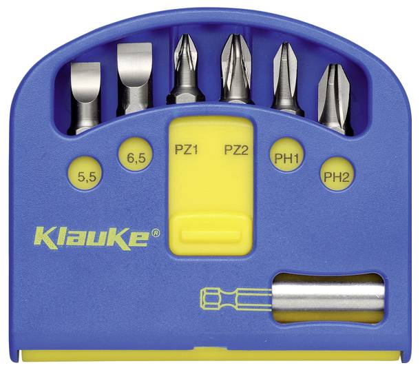 „Ein blau-gelbes Klauke-Schraubendreher-Bitset mit sechs Metallbits, beschriftet mit 5,5, 6,5, PZ1, PZ2, PH1, PH2, und einem Metallhalter.