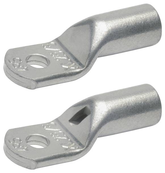 Zwei Metallkabelschuhe, jeweils mit einem Loch für einen Bolzen und einem gecrinpten zylindrischen Ende zur Drahteinführung, senkrecht angeordnet.