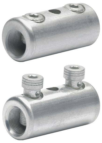 Metall-Kabelverbindungsverbinder, zylindrische Form, mit zwei sichtbaren Schraubenbefestigungen oben. Ansichten von oben und der Seite gezeigt.