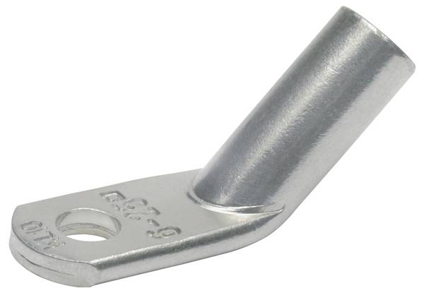 Ein Metallkabelschuh mit einem zylindrischen Abschnitt und einem flachen Ende, verwendet zum Befestigen von elektrischen Leitungen, mit sichtbaren gestanzten Markierungen.