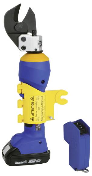 Ein blau-gelber, schnurloser hydraulischer Kabelschneider mit herausnehmbarem Akku, entwickelt für den robusten industriellen Einsatz.