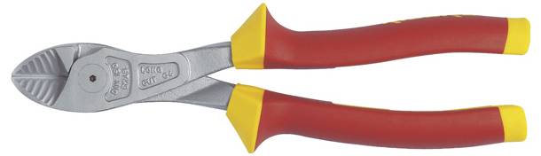 Ein Paar isolierte Kabelschneider mit roten und gelben Griffen, entwickelt für elektrische Sicherheit und präzise Schneidaufgaben.