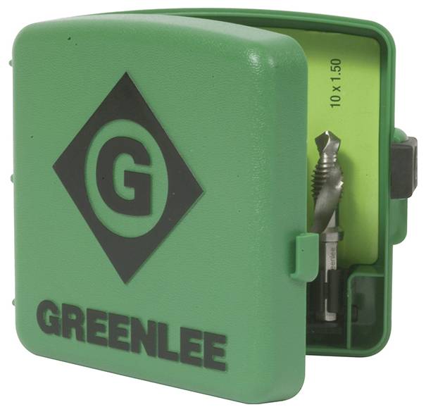Grüne Kunststoff-Transportbox der Marke 'Greenlee', geöffnet, zeigt einen scharfen Bohrer, der an der Innenseite des Deckels befestigt ist, mit der Markierung '10 x 1,50'.
