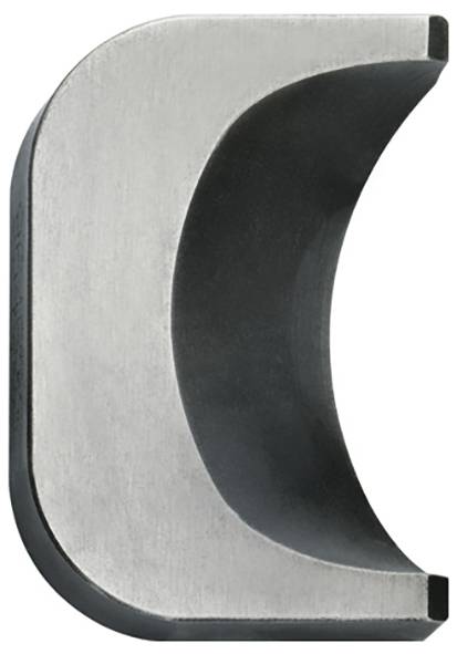 Eine metallische C-förmige Komponente mit einer glatten, reflektierenden Oberfläche und abgerundeten Kanten, die typischerweise in der Technik oder Maschinenbau verwendet wird.