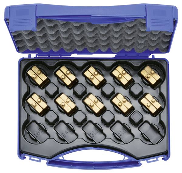 Eine blaue Plastikbox ist geöffnet und zeigt zehn goldfarben metallische Werkzeug-Einsätze, die in passenden Aussparungen gegen einen mit Schaum ausgekleideten Deckel angeordnet sind.