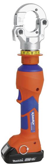 Kabellose hydraulische Crimpzange mit einem orange-blauen Gehäuse, metallischem Kopf und schwarzer Basis. Ausgestattet mit einem Einschaltknopf und 'Kompak' Branding.