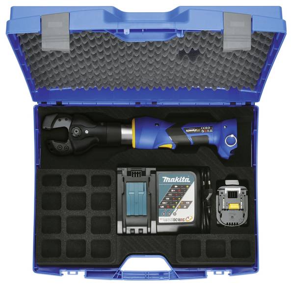 Blaue Transporttasche mit Schaumstoffpolsterung, die ein kabelloses elektrisches Crimpwerkzeug und Zubehör, einschließlich Akku und Ladegerät, enthält.
