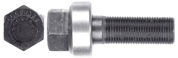 Eine Sechskantschraube mit einer aufgeschraubten Mutter, teilweise sichtbar, vor einem einfarbigen Hintergrund. Der Schraubenkopf zeigt einige Beschriftungen.