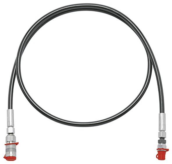 Ein Hydraulikschlauch mit Metallverbindern an beiden Enden, der zum Fluidtransfer in hydraulischen Systemen verwendet wird und in einer kreisförmigen Form ausgelegt ist.