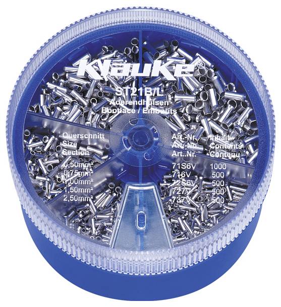 Ein kreisförmiger Kunststoffbehälter, gefüllt mit silbernen Metallendülsen, mit der Beschriftung 'Klauke ST21B/L', zeigt Größen von 0,5 mm bis 2,5 mm und eine Menge von 1000.