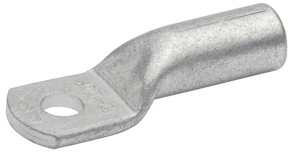 Eine metallische Kabelschuh mit einer flachen Basis und einem kreisförmigen Loch zur Befestigung von Kabeln, der typischerweise bei elektrischen Verbindungen verwendet wird.