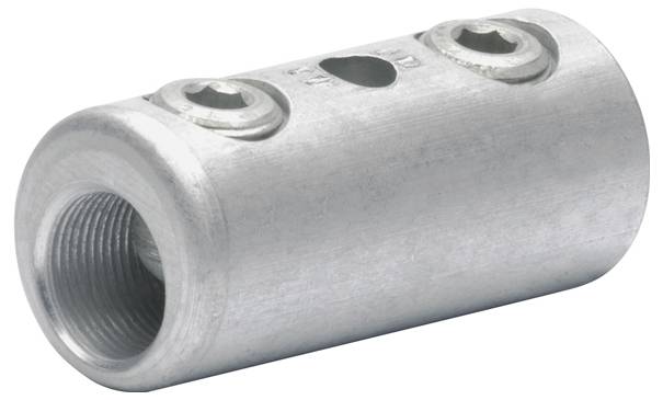 Ein metallischer Verbinder mit zwei Schrauböffnungen und gewindeter Innenbohrung, der zum Verbinden von Rohren oder Stangen in industriellen Umgebungen verwendet wird.
