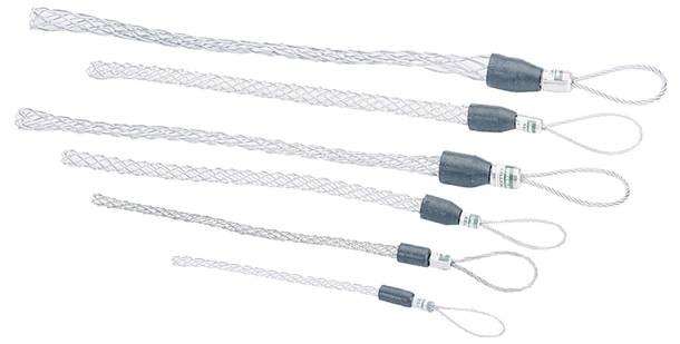 Eine Serie von sechs flexiblen Kabelhaltern in verschiedenen Größen, jeder mit einer Schlaufe an einem Ende und einer geflochtenen Metallhülse. Zur Kabelunterstützung verwendet.