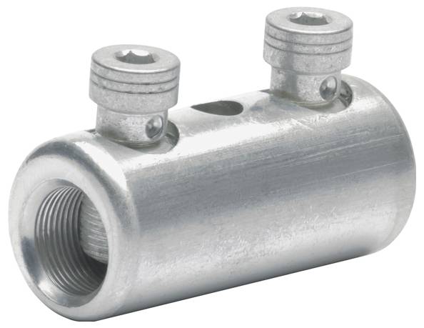 Ein metallischer zylindrischer Verbinder mit Gewindebohrungen und zwei Schrauben auf der Oberseite, der zum Verbinden von elektrischen oder sanitären Komponenten verwendet wird.