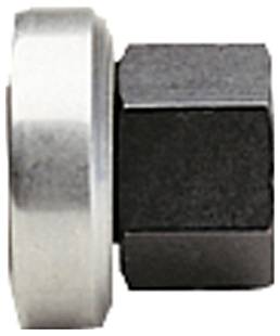 Ein Nahaufnahmebild einer sechseckigen Metallmutter mit einem angeschraubten Gewindering, die häufig verwendet wird, um mechanische Teile zu befestigen oder zu verbinden.