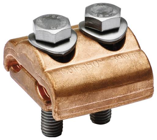 Kupfer-Schraubverbinder mit zwei Schrauben und Unterlegscheiben, konzipiert zum Verbinden elektrischer Leiter.