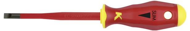 Roter und gelber Schlitzschraubendreher mit Markenlogo auf dem Griff.