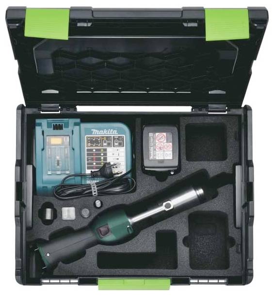 Werkzeugkoffer mit einer Taschenlampe, Ladegerät, zwei Batterien und Ladekabel. Werkzeuge sind übersichtlich in geformtem Schaumstoff organisiert.