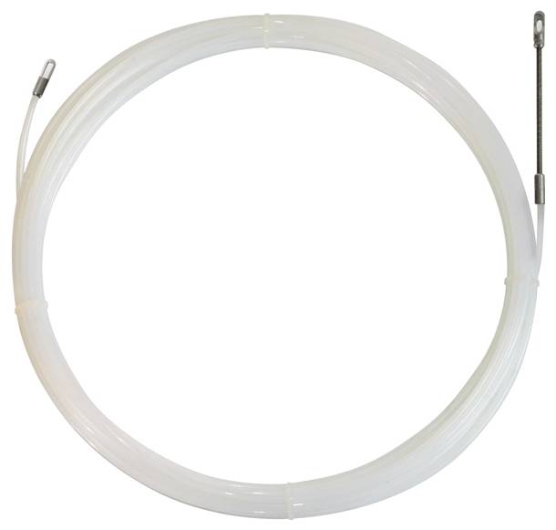 Ein gewickelter, transparenter Nylon-Einführdraht mit Metallenden zum Führen von Kabeln durch Rohre oder Wände.